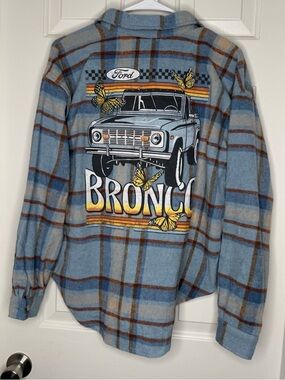 Ford Light Blue and Brown Plaid Flannel Bronco Graphic Shirt
